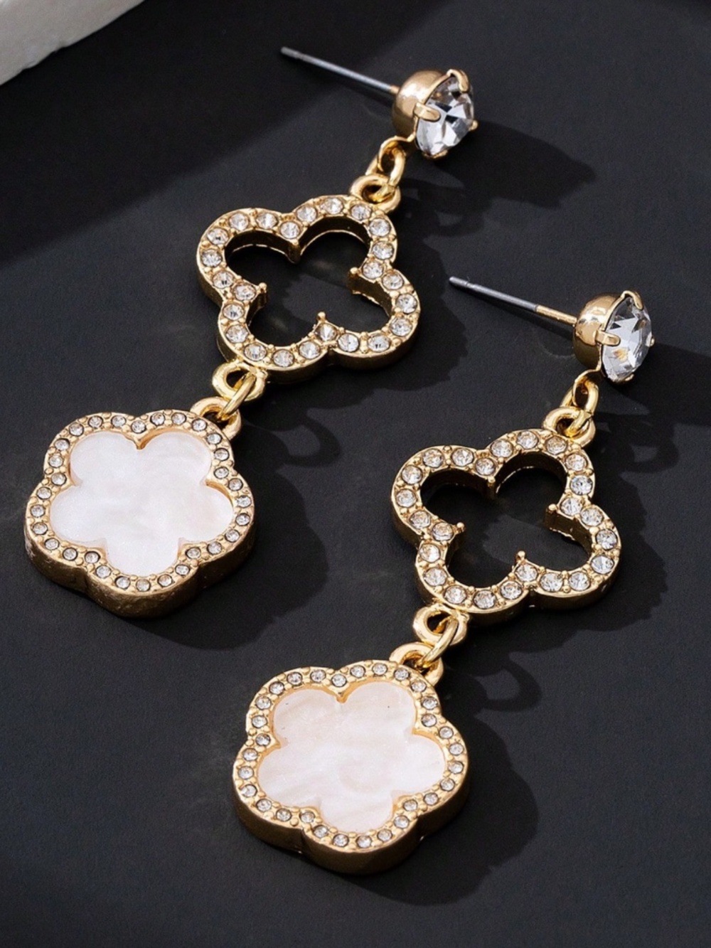 Luxe gold Tone Flower Rhinestone Drop Delicate Earrings - Picture 5 of 5